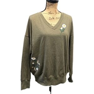 Maurices Daisy Embroidered Sweatshirt Olive Green Cottagecore Pullover sz L